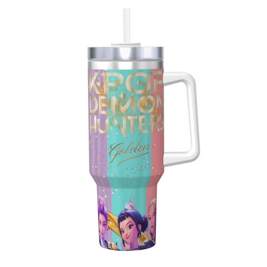 Kpop Demon Hunters Golden Huntrix Stainless Steel Tumbler Beach Thermal Cups With Straws and Lid Large Mugs Cup Hot Water Bottle