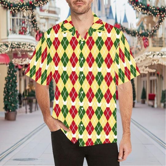 Discover Christmas Mickey Argyle Adults Kids Short Sleeve Button Up Shirt | disney world disneyland plus size preppy asthetic hawaiian cruise