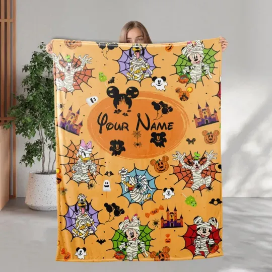 Discover Disney Mickey And Friends Spooky Halloween Orange Customize Fleece Blanket