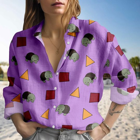 Kpop Demon Hunters Blouse Shirt, Zoey Turtle Print Linen-look Shirt, Kpop Movie Fan Blouse Shirt, Kpop Demon Hunters Zoey Casual Shirt