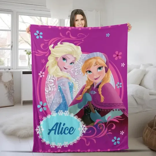 Discover Disney Frozen Princess Elsa & Anna Pink Background Customize Fleece Blanket