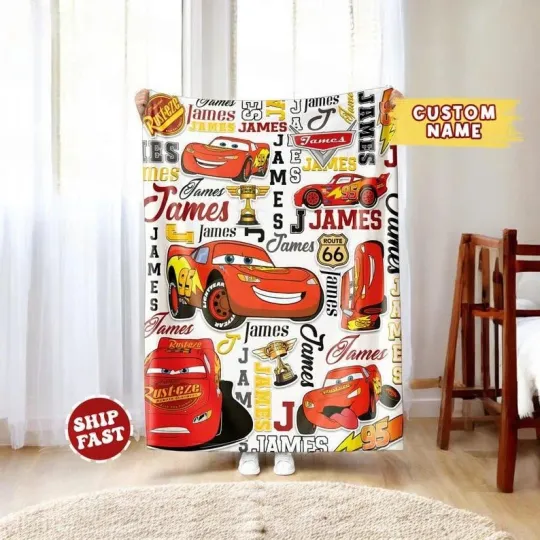 Discover Custom Name Disney Champion Cars Lightning McQueen Fleece Blanket