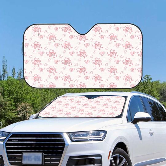 Discover Custom Photo Sun Shade, Pink Bow and Love Car Windshield Sun Shade, Max UV Blocking, Car Accessories Cool Seats, Easy Fold.