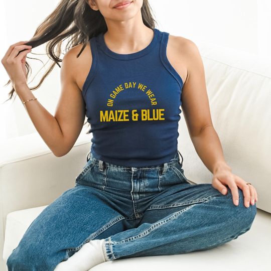 Michigan Wolverines Racerback Tank Top: Maize & Blue, Women's Ribbed Fitted Top