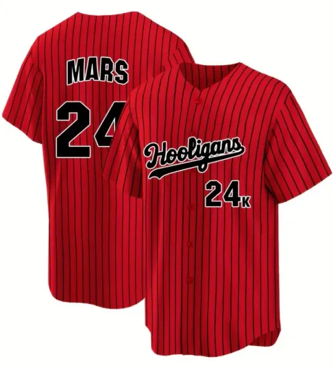 Discover Bruno Mars 24K Hooligans Pinstripe Baseball Jersey Magic Red