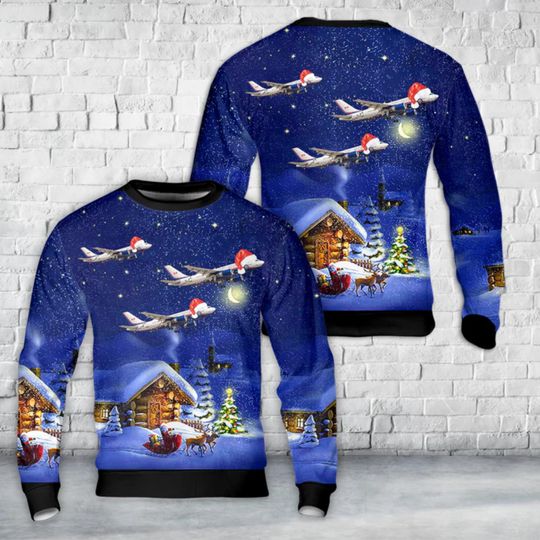 Discover Airplane Ugly Christmas Sweater with Santa Hat, Jets, and Snowy Cabin Scene