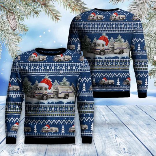 Firefighter Christmas Ugly Sweater Santa Hat Firetruck Holiday Jumper