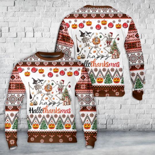 Discover Hallothanksmas Skeleton Holiday Sweater Pullover