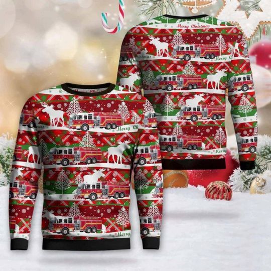 Firefighter Christmas Sweater - Ugly Holiday Jumper with Firetruck & Moose