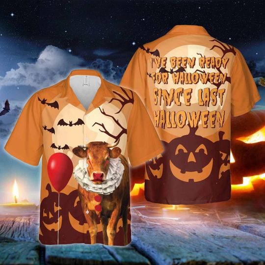 Discover Funny Halloween Cow Shirt with Spooky Clown Costume and Pumpkin Print