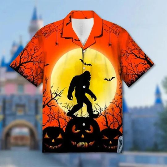 Discover Bigfoot Halloween Hawaiian Shirt with Sasquatch and Pumpkin Print