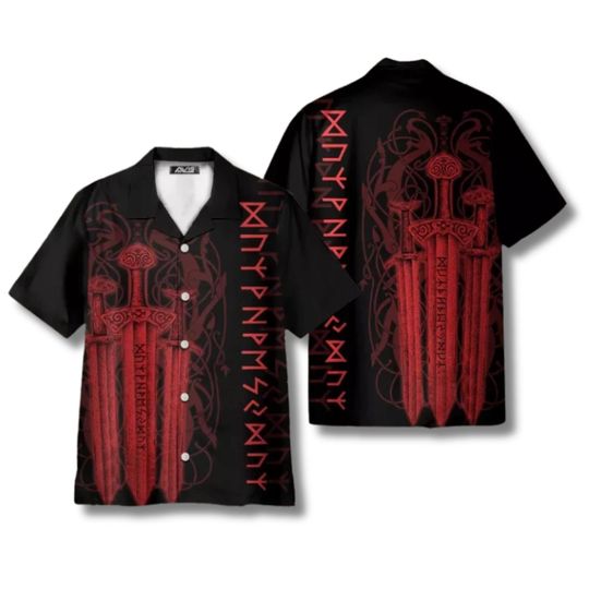 Discover Norse Mythology Hawaiian Shirt Men Viking Rune Sword Print Summer