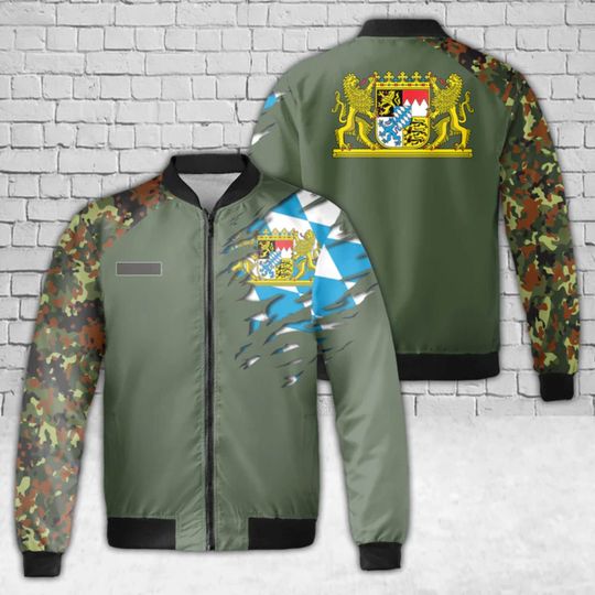 Discover Bavarian Crest Bomber Jacket: Torn Flag Camo Sleeve Design