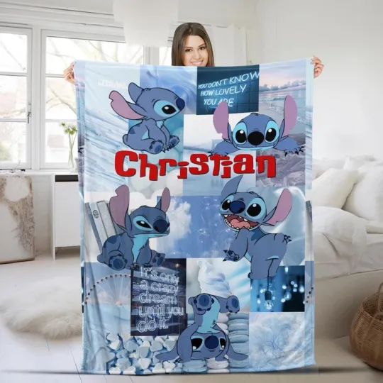 Discover Disney Lilo & Stitch Blue Pattern Christmas Customize Fleece Blanket