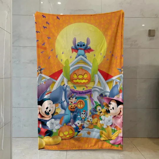 Discover Disney Halloween Blanket Mickey Friends, Stitch Pumpkins Fleece Blanket