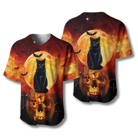 Discover Black Cat Halloween Baseball Jersey: Skull Pumpkin Gothic Spooky Top