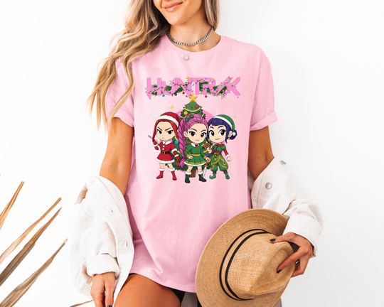 Huntrix Girls Christmas Shirt, Merry Huntrix Christmas Shirt, Kpop Demon Hunters Mira, Rumi, Zoey, Derpy Tiger Tee,Xmas Gift for Huntrix fan