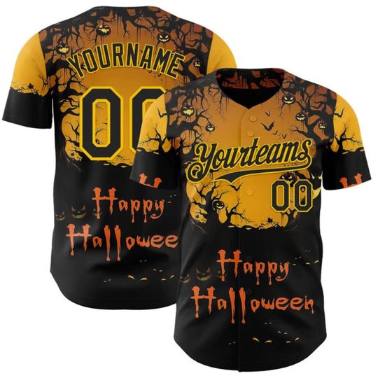 Discover Personalized Halloween Baseball Jersey with Pumpkin, Bats, and Trees