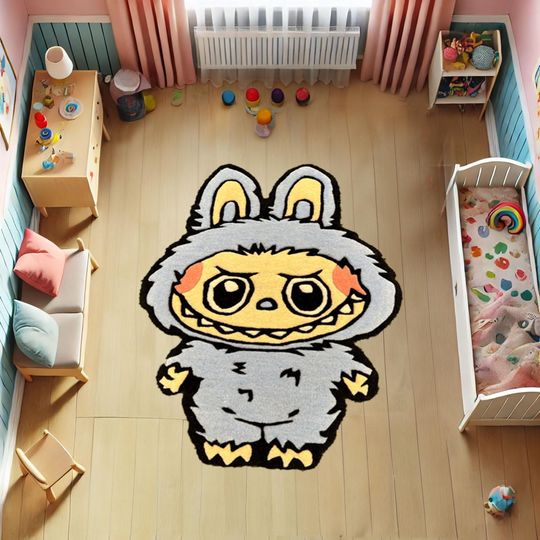 Labubu play rug, Labubu rug, Gray labubu rug, Easy to clean, Washable, Non-slip, Soft, Durable, Bamboo, Gift Home Decor Rug, Area Rug