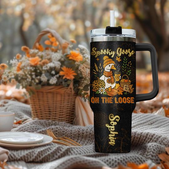 Discover Spooky Goose Tumbler 40oz | Personalized Halloween Fall Cup | Goose On The Loose Mug with Custom Name | Funny Autumn Gift with Handle