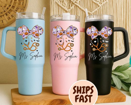 Discover Nurse Halloween Tumbler 40oz Personalized Boo Spooky Nurse Tumbler with Handle Cute Ghost Cup for Nurse Appreciation Thank You Gift