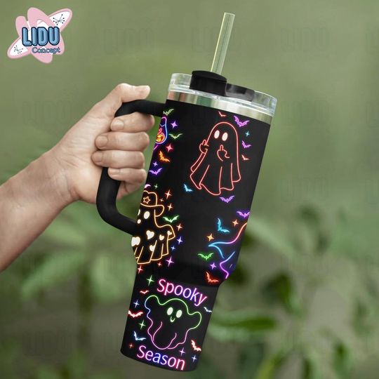 Discover Black Halloween Ghost 40oz Tumbler, Spooky Floral Cup with Handle, Fall Aesthetic 40oz Tumbler Gift for Her, Boo Tumbler, Halloween Gift