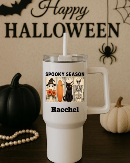 Discover Coastal Halloween Tumbler Spooky Season Ghost Surf Cat Skeleton Custom Stanley Style 40oz Tumbler with Name Fall Witch Gift for Her