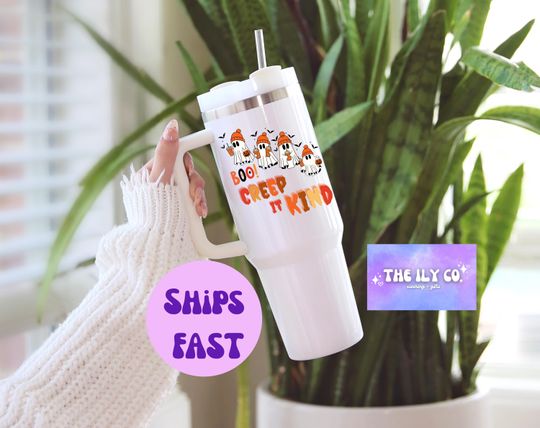 Discover Halloween tumbler with "Creep it Kind" and cute ghosts. Seasonal gift for BFF, family, or yourself.  40 oz keeps liquids hot or cold hours.