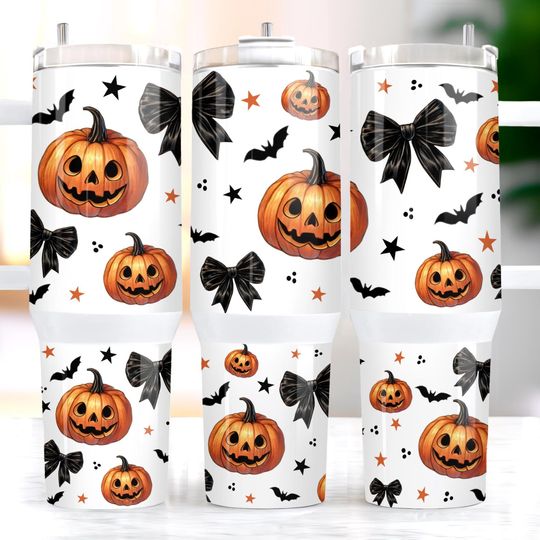 Discover Halloween Pumpkin Bow 40oz Tumbler Wrap: Spooky Coquette Design