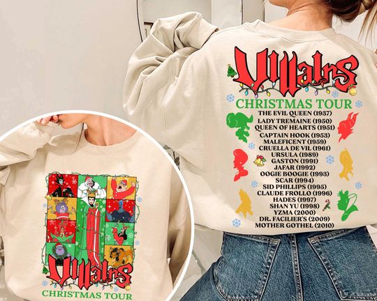 2-sided Funny Disney Villains Christmas Tour Shirt, Ursula Cruella Maleficent Hades Scar Xmas Light Shirt,Mickey's Very Merry Xmas Party Tee