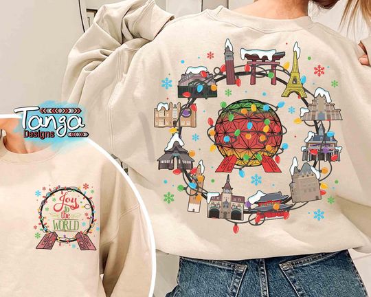 2-sided Disney Epcot Joy To The World Christmas Sweatshirt, Epcot World Showcase Tee, Mickey's Very Merry Christmas Party 2025 Family Trip