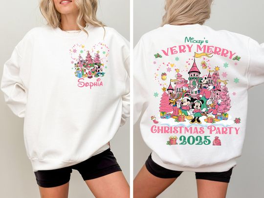 Discover 2-Sided Personalized Mickey's Very Merry Christmas Party 2025 Shirt, Disney Castle Mickey And Friends Xmas Tee, Disney Christmas Family Tee
