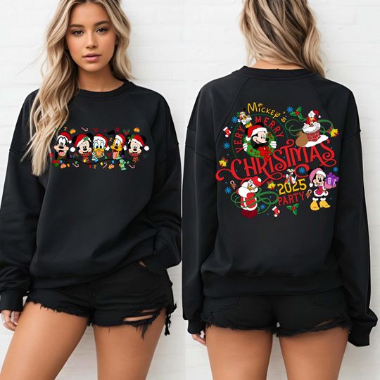 Discover 2-Sided Mickey's Very Merry Christmas Party 2025 Sweatshirt, Disney Santa Mickey And Friends Group Christmas Lights Hoodie, Disneyland Xmas