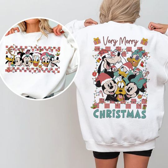 Discover 2-Sided Checkered Mickey Very Merry Christmas Lights Sweatshirt, Retro Mickey and Friends Christmas Shirts, Disney Xmas Family matching Tee