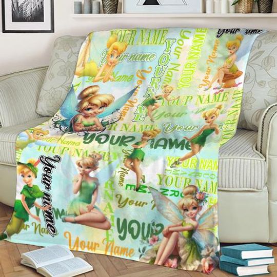 Discover Personalized Name Disney Tinker Bell Blanket, Magic Kingdom Fleece Mink Sherpa Blanket, Personalized Name Blanket, Gift For Fans