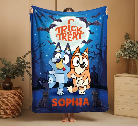 Discover Personalized BlueyDad Halloween Blanket, Trick or Treat BlueyDad Blanket, Spooky Vibes Cartoon Blanket, Witchy Bats Kids Blanket, Halloween Gift