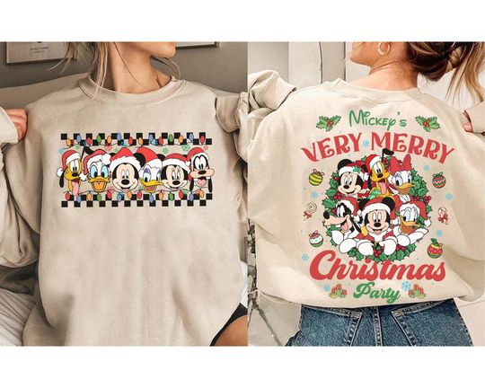 Discover Retro 2-Sided Mickey's Very Merry Christmas Party 2025 Shirt, Disney Mickey And Friends Xmas Lights Shirt, Disneyland Christmas Girls Trip