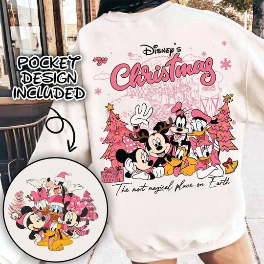 Retro 2-Sided Disney Christmas Pink Sweatshirt, The Most Magical Place On Earth Sweatshirt, Mickey and Friends Christmas Sweater, Xmas Gift