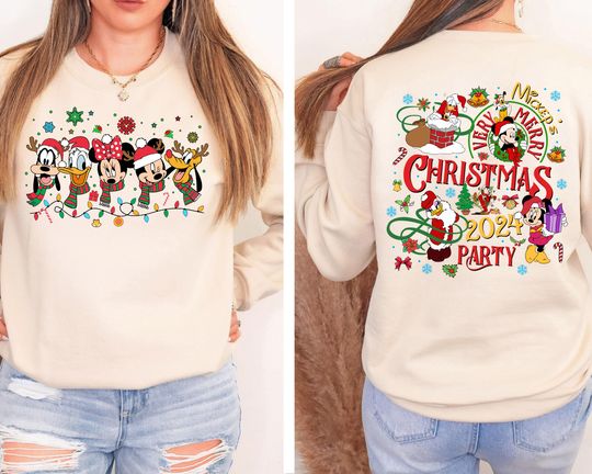 Discover 2-Sided Mickey's Very Merry Christmas Party sweatshirt,Disney Santa Mickey And Friends Group Christmas Lights Shirt,Disneyland Xmas Tee