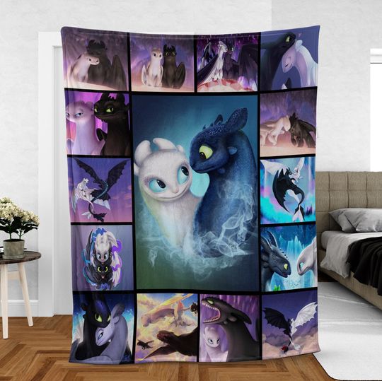 Discover How To Train Your Dragon Fleece Blanket, Dragon Cartoon Blanket, Toothless Light Fury Blanket, Dragon Lovers Gift
