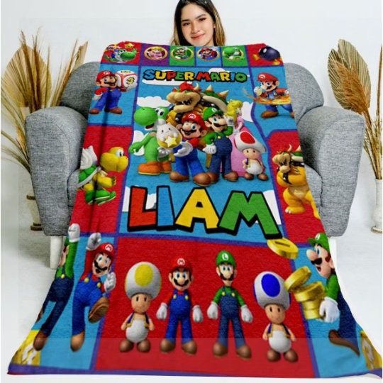 Personalized Super Mario Blanket, Cartoon Blanket, Name Blanket, Super Mario Fleece Blanket, Super Mario Lovers Gift, Birthday Kid Gift