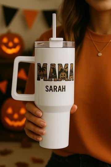 Discover MAMA Halloween Tumbler 40oz Party Cup Mama Beach Spooky Fall Cup with Handle Gift for Moms Pumpkin Palm Tree Design Personalized Name Option