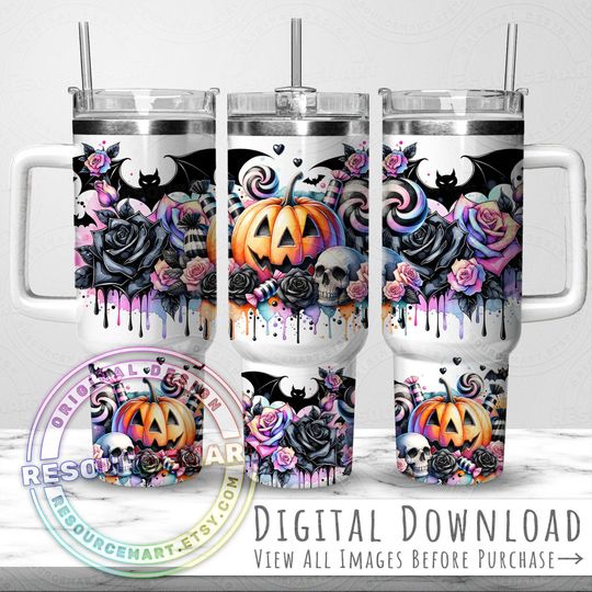 Discover Halloween Seamless 40oz Tumbler Wrap Design, pastel skulls pumpkins roses 40 oz ounce stanley cup sublimation png, spooky season handle cup