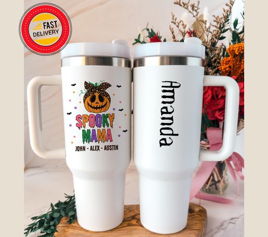 Discover Personalized Spooky Mama Tumbler |Custom Halloween Pumpkin Cup |40oz Stainless Steel Insulated Tumbler | Fall Mom Gift | Halloween Drinkware