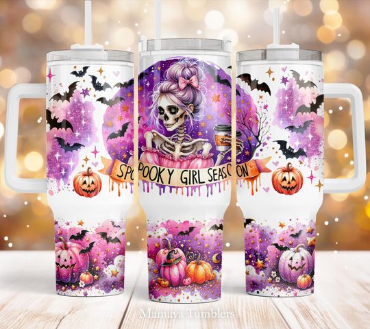 Discover Spooky girl season 40oz Quencher tumbler Sublimation design Halloween Funny skeleton Coffee cup PNG wrap Waterslide Digital download
