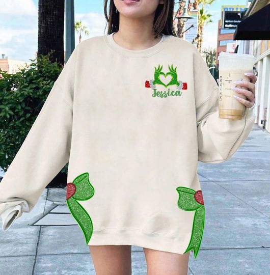 Discover Custom funny character Embroidered Sweatshirt, Christmas Bow Embellished Sweatshirt, Christmas Side Bow Cut-Out Sweatshirt, Xmas Gift For Women