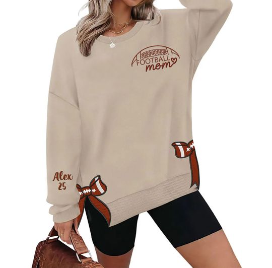 Personalized Football Side Bow Cut-Out Sweatshirt, Custom Name Number Sweatshirt, Side Slit Sweater, Football Mom Embroidered Sweatshirt