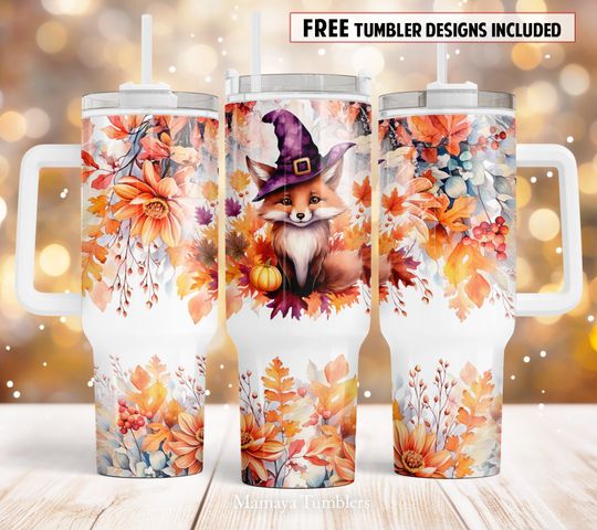 Discover Halloween fox 40oz Quencher tumbler sublimation design Funny animal Fall Autumn digital PNG wrap Waterslide download