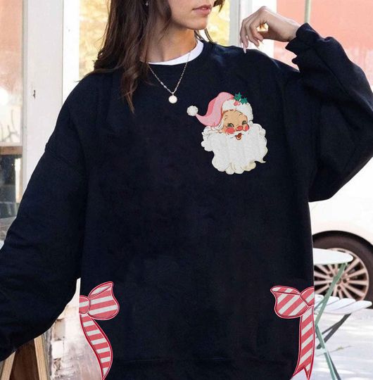 Pink Santa Side Bow Cut-Out Sweatshirt, Pink Christmas Bow Pullover, Pink Vintage Embroidered Sweatshirt, Retro Christmas Gift for Women