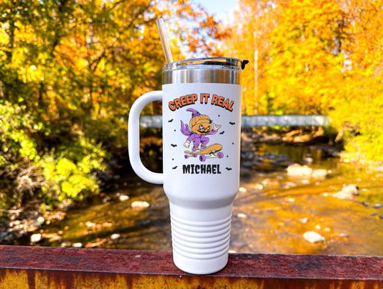 Discover Funny Personalized Halloween Tumbler With Handle Creep It Real 40oz Fall Spooky Gift Custom Name Cup For Her Him Best Friend Halloween